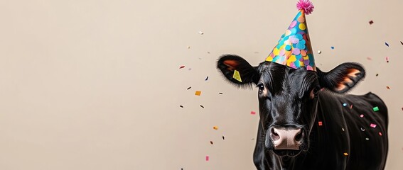 A cow wearing a party hat surrounded by colorful confetti, celebrating a festive occasion.