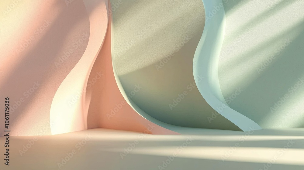 Poster sunlight is illuminating pastel-colored curved walls, creating an abstract and minimalist architectu