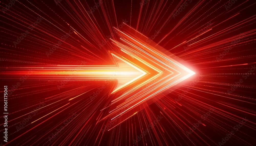 Poster energy arrow with speed light effect. isolated glowing web sign on red technology background.
