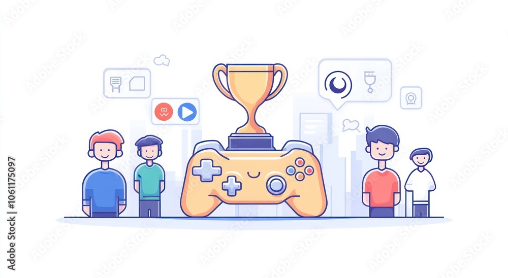 Poster a colorful illustration featuring a game controller and trophy with people in a gaming context.
