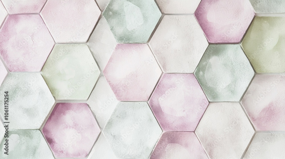 Poster modern pastel pink and green hexagonal tiles forming a geometric pattern, creating a stylish and con