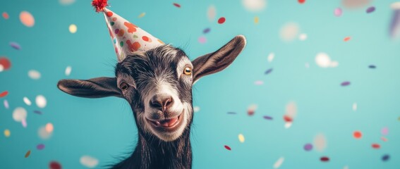 A cheerful goat wearing a party hat amidst colorful confetti, celebrating joyfully.