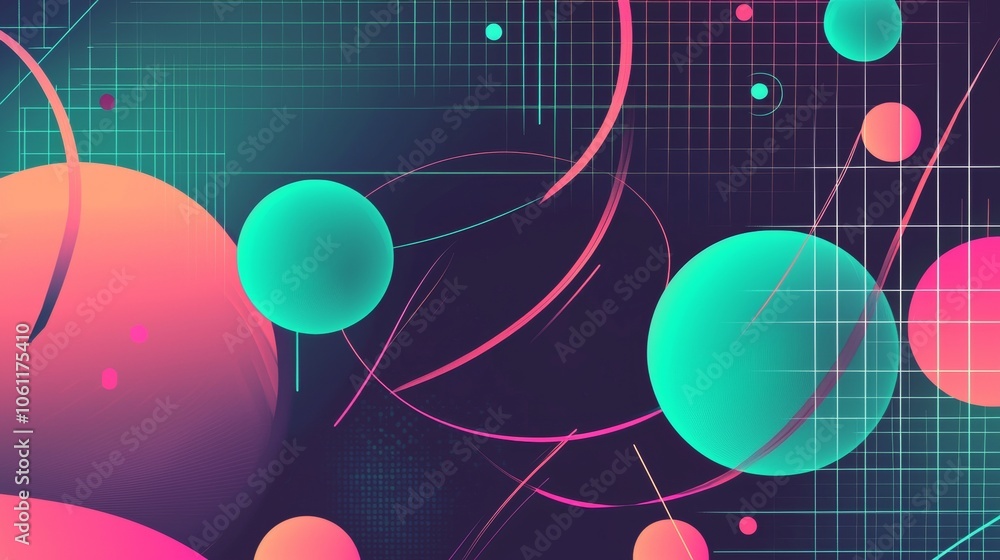 Poster Gradient spheres and lines are intersecting a grid creating a futuristic abstract background with vibrant colors, perfect for technology or music themed projects