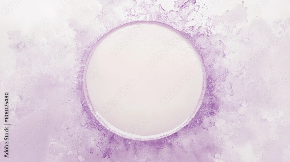 Poster purple watercolor splashes create an artistic frame around a blank circular space, offering a unique