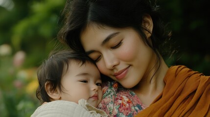 静かな庭園の中での母親と赤ちゃんの優しいひととき