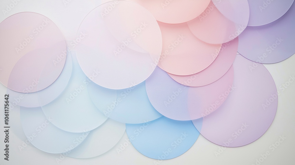 Poster beautiful array of pastel circles overlap on a white background, creating a dreamy gradient effect p