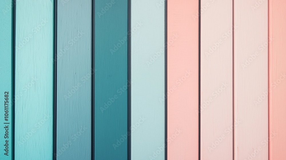 Poster vertical wooden panels showcase a spectrum of colors, blending cool blues and greens with warm pinks