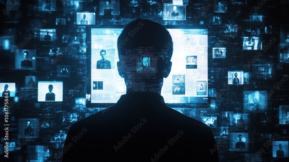 Poster a silhouette of a person in front of a screen displaying numerous digital images.