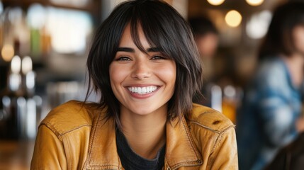 カジュアルなジャケットを着た笑顔の女性は、居心地の良いカフェの雰囲気を明るくしています。