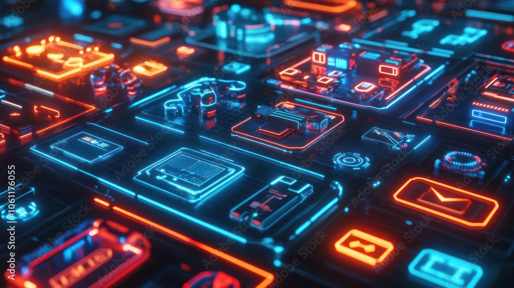 Poster a vibrant digital interface with glowing icons and circuits, representing technology and innovation.