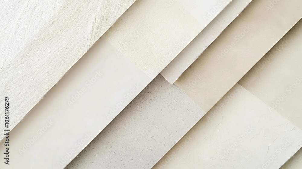 Poster geometric composition featuring overlapping white paper sheets, creating a play of depth, shadows, a