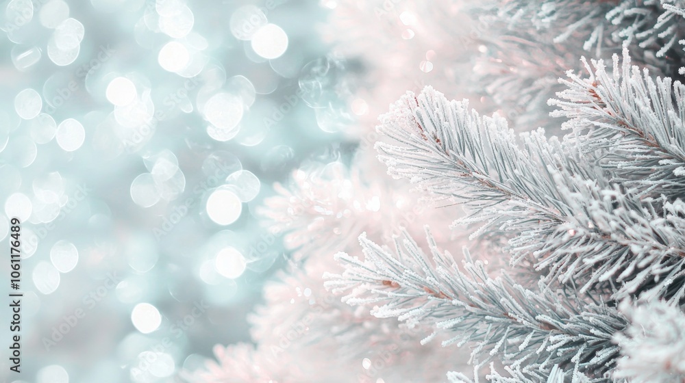 Aufkleber close-up of snow-covered pine branches against a blurred background of sparkling lights, creating a 