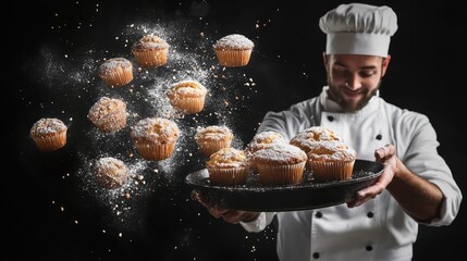 A chef presents freshly baked muffins dusted with powdered sugar against a dark background.