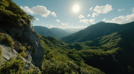 豊かな緑と青い空が広がる美しい山間の渓谷