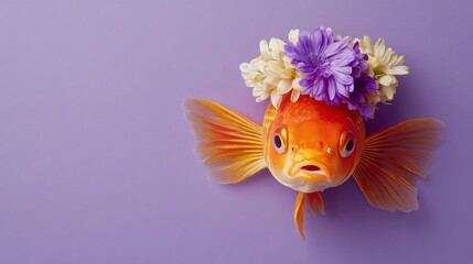 Fototapeta premium A whimsical goldfish adorned with flowers against a purple background.