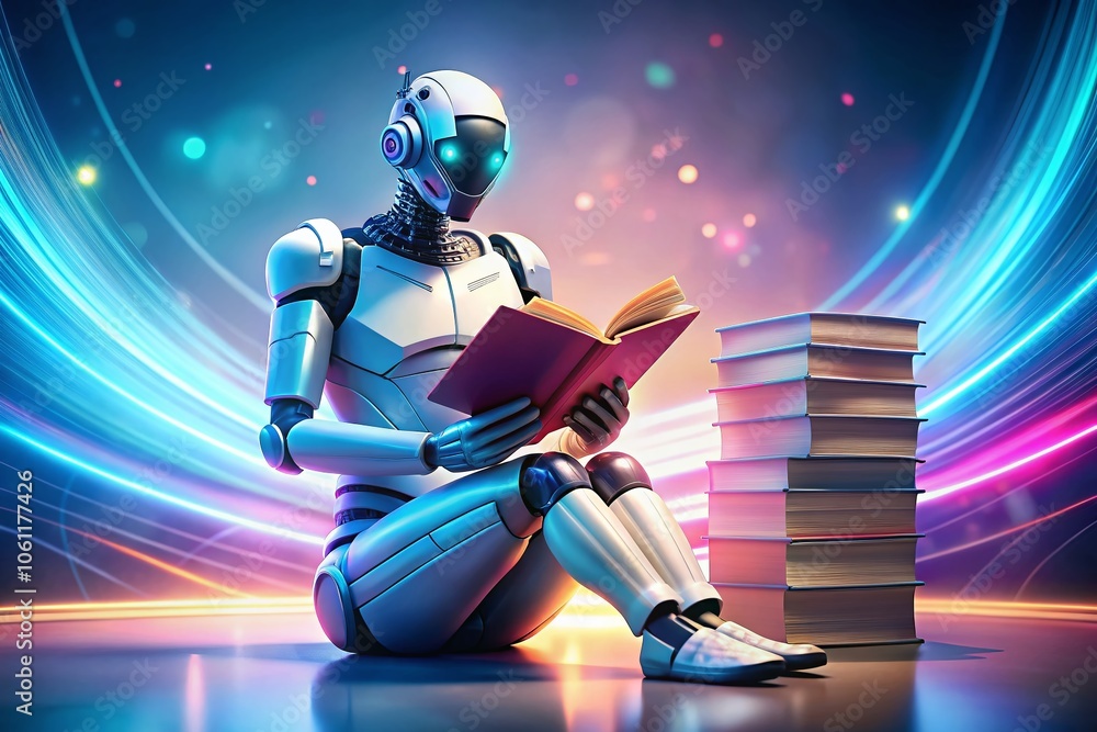 Poster creative robot reading books amidst floating pages - technology meets knowledge in a futuristic scen