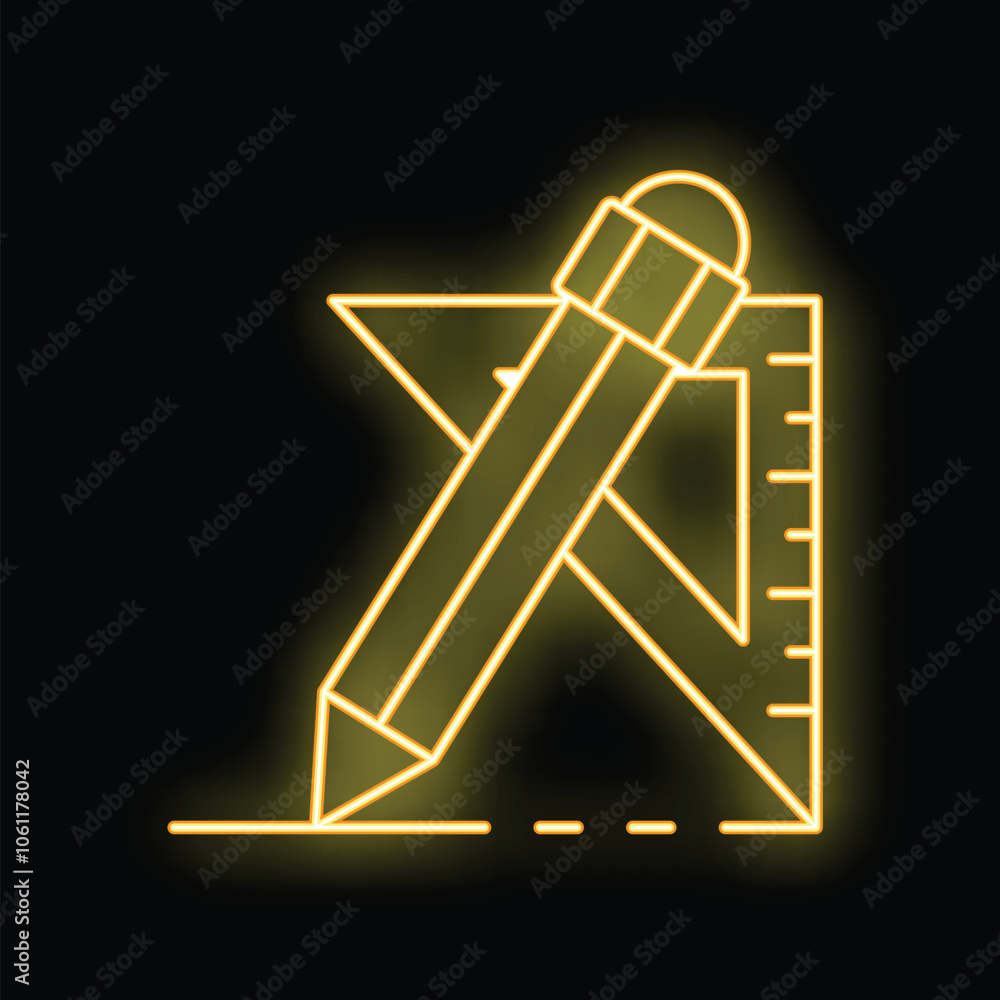 Poster neon glowing icon of pencil drawing straight line using ruler and set square isolated on a black bac