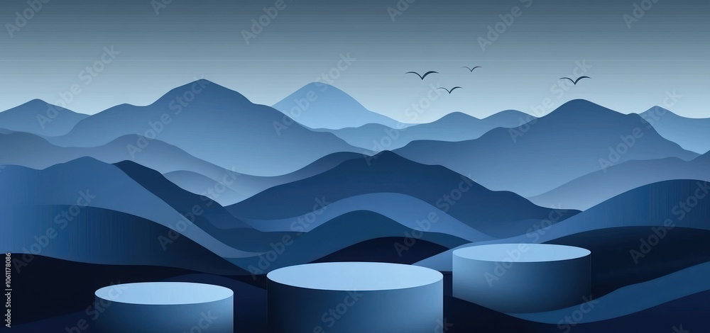 Poster a serene landscape featuring layered mountains and circular forms in a blue gradient.