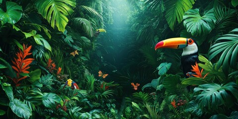 Naklejka premium Vibrant Tropical Rainforest with Exotic Toucan and Colorful Butterflies Amidst Lush Green Foliage and Florescent Flowers Creating a Stunning Nature Scene