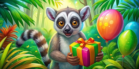 Cute Cartoon Lemur Birthday Celebration with Gift and Balloon in Jungle - Fun Coloring Page Illustration for Kids