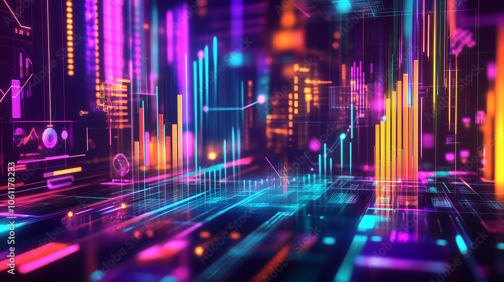 Aufkleber A vibrant abstract background of neon lines and geometric shapes. The glowing bars and lines create a futuristic cityscape, evoking a sense of digital progress and data visualization