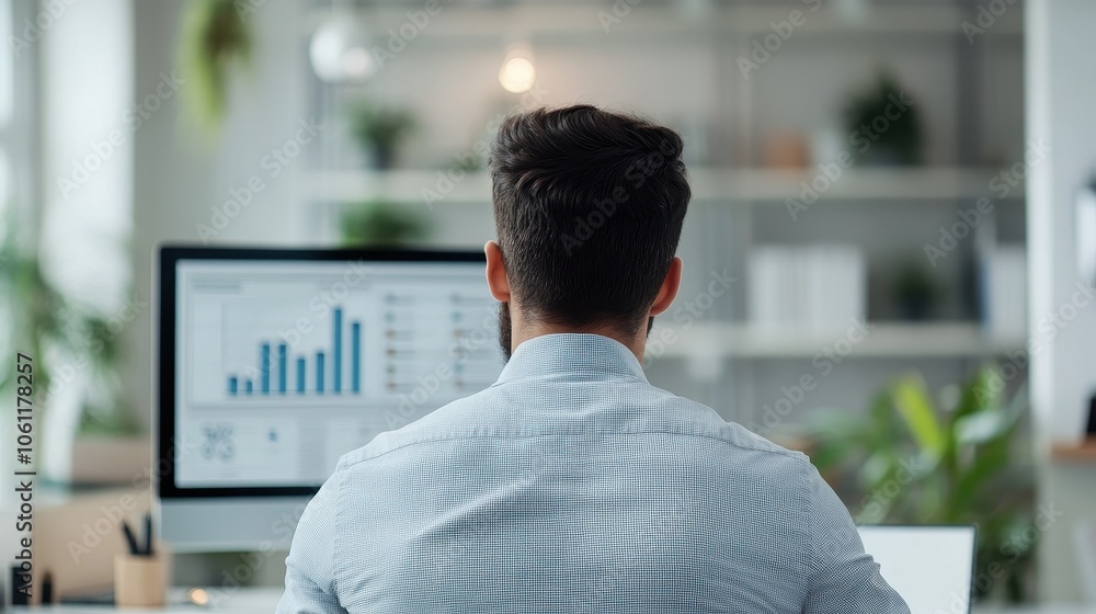 Poster businessman analyzing business data on computer screen