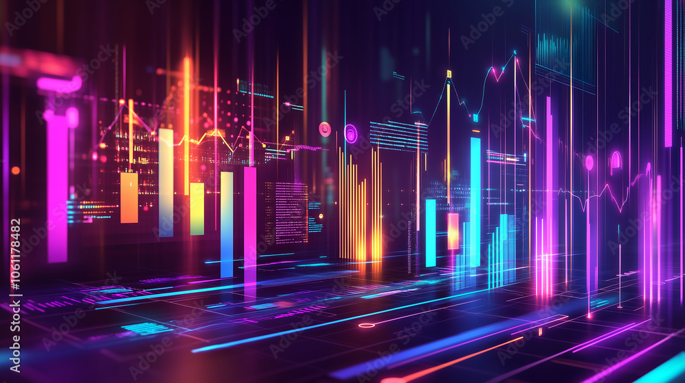 Aufkleber A digital cityscape with colorful lines and bars illuminated in neon colors, representing a data visualization of an abstract concept