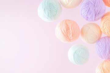 Surreal Pastel Yarn Balls Composition with Lavender, Pink, and Peach Colors on Dreamy Soft Gradient Background