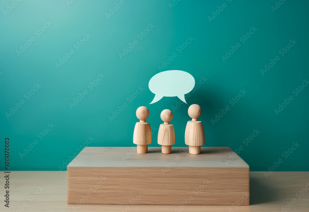 Aufkleber three wooden figures stand on a platform in front of a turquoise background. a speech bubble floats 