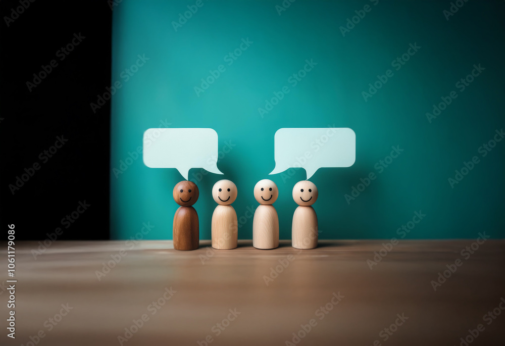 Poster four wooden figures with smiling faces stand in a row against a teal backdrop. each figure has a spe