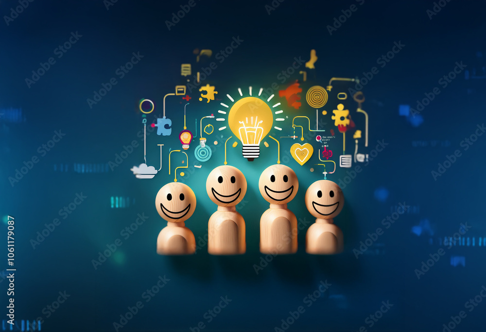 Poster four smiling figures stand in a row with a lightbulb representing an idea above them.
