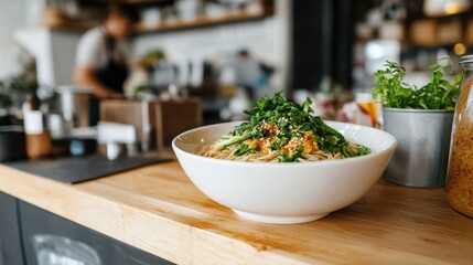 居心地の良いレストランの雰囲気の中で、新鮮な野菜とゴマを添えたグルメなアジアンヌードルボウルをお楽しみいただけます。