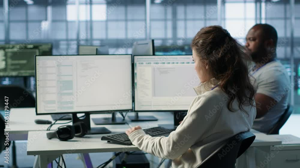Poster system admin working in diverse computer network security data center workplace, ensuring optimal pe