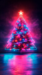 Vertical postcard Christmas tree in neon style. New Year composition in blue purple pink colors. xmas tree decorated with balls and glowing garland. Light reflects on concrete wall and floor