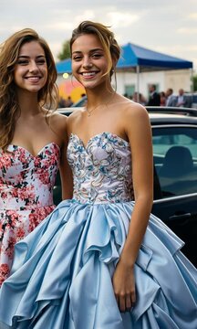 Picture of lovely adolescent buddies in prom gowns in a parking lot
