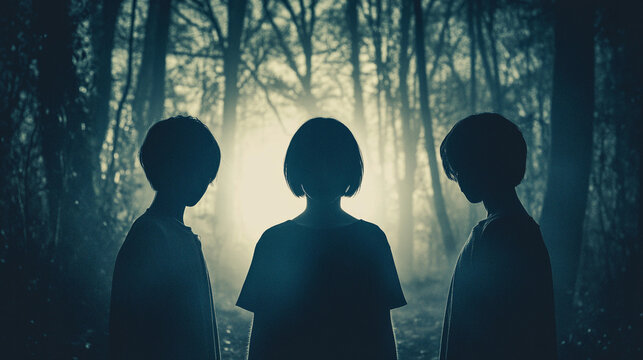 The silhouette of three young children friends in the woods trees light behind alien investigation sinister