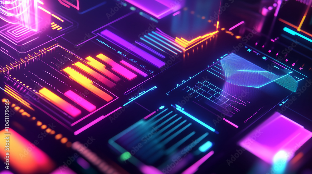 Aufkleber A close-up shot of a computer screen with colorful glowing graphs and charts, representing data and information in a digital environment
