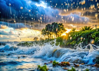 Defocused Rain Water Pouring Down Amidst Cyclonic Storm and Strong Winds with Blurry Nature Background for Atmospheric Weather Footage