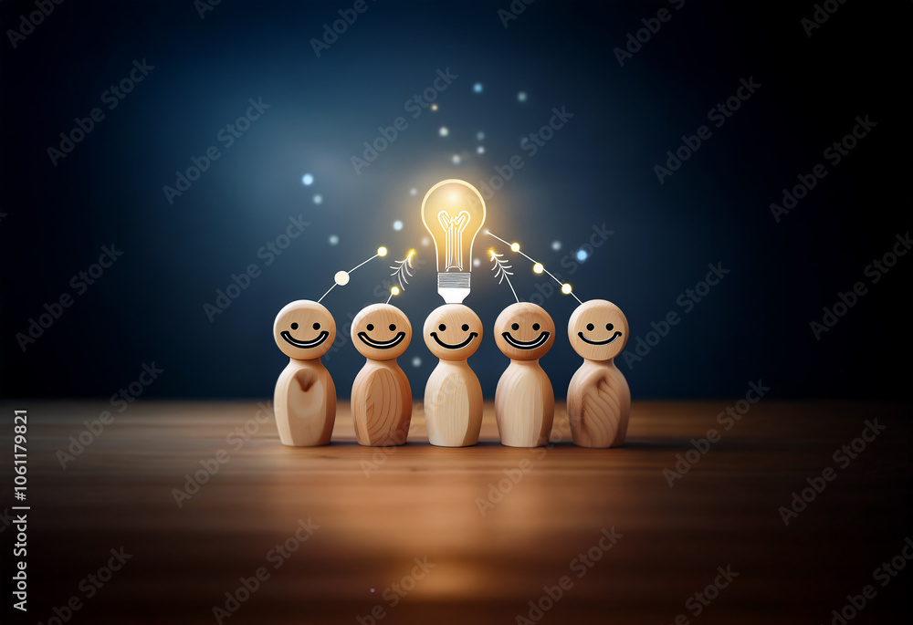 Poster a group of wooden figures with smiling faces stand in a row, connected by lines to a glowing light b