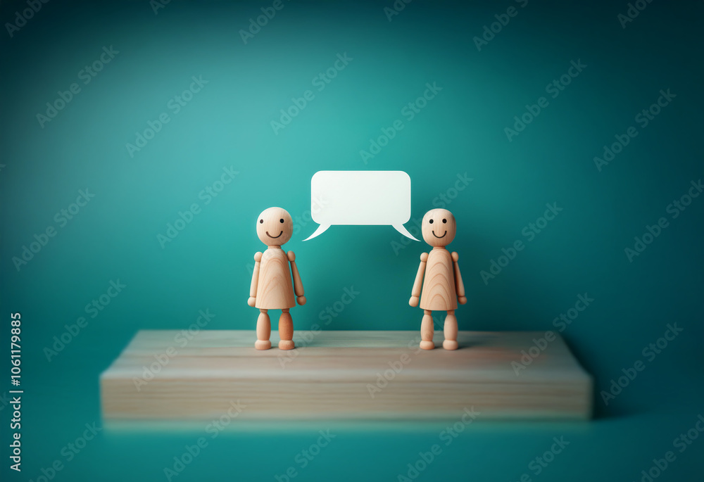 Poster two wooden figures stand on a shelf, facing each other with a blank speech bubble between them.