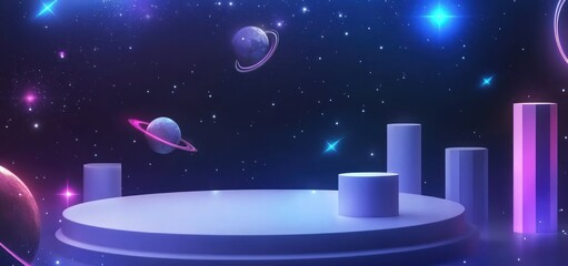 A cosmic scene featuring planets and a podium in a starry background.