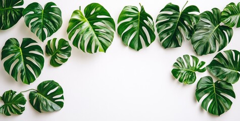 A collection of vibrant green monstera leaves arranged on a white background.