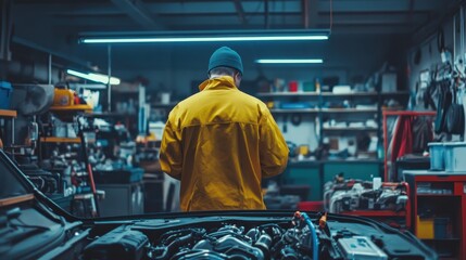 Fototapeta premium Automotive Mechanic Working on Car Engine in Workshop