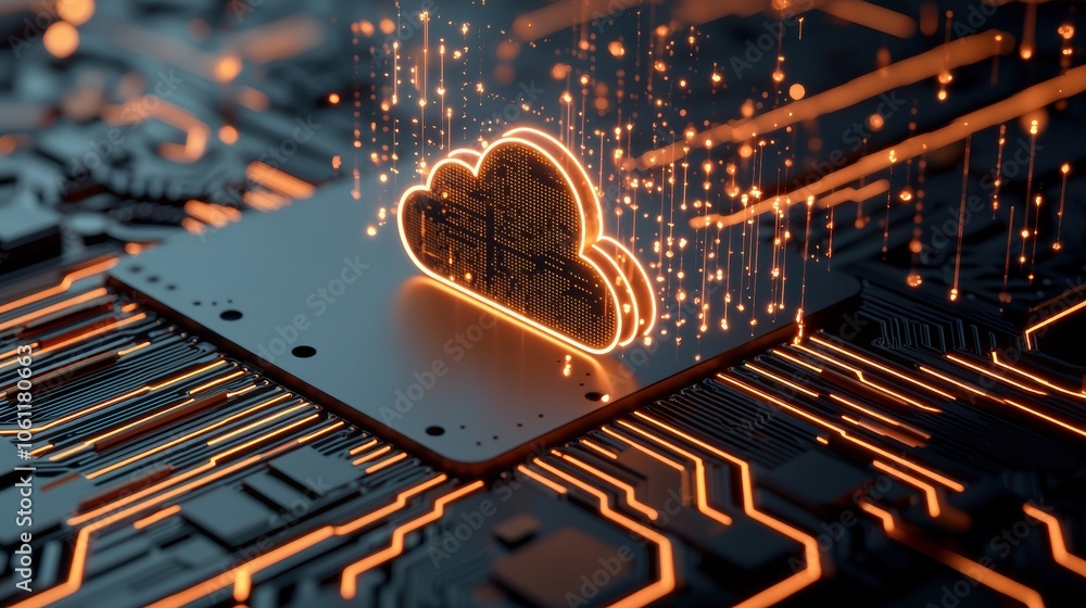 Poster a close up image of a circuit board with glowing lines and a superimposed cloud icon, connecting phy