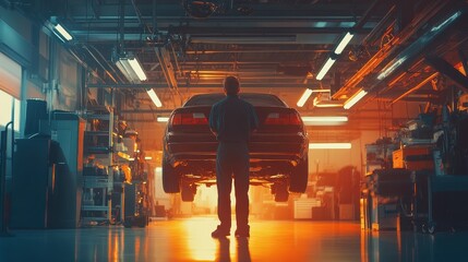 Fototapeta premium Mechanic Working on Car in Auto Repair Shop
