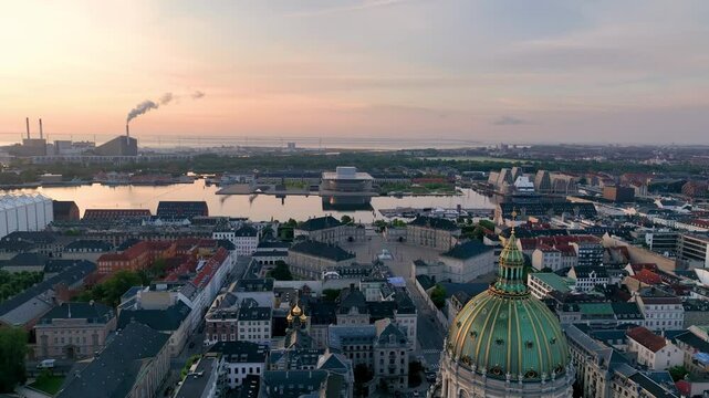 4K Aerial video of Copenhagen in Denmark at sunrise. Amalienborg