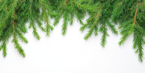 Green pine branches arranged elegantly on a white background.
