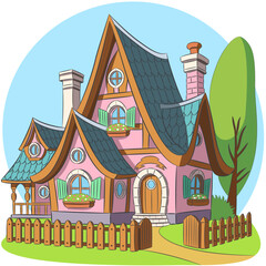 Obraz premium Fairytale cartoon cottage with a gable roof and a garden fence