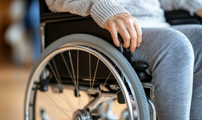 Obraz premium 車椅子の高齢者：居心地の良い環境で手とカジュアルな服装に焦点を当てる