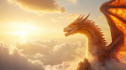 A colossal, fire breathing dragon with emerald scales perched atop a mountain of gold, its wings casting a vast shadow over the surrounding landscape.
